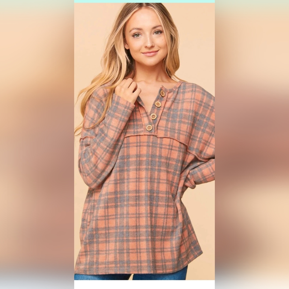 Plus Rust Cashmere Feel Plaid Button Down Knit Top